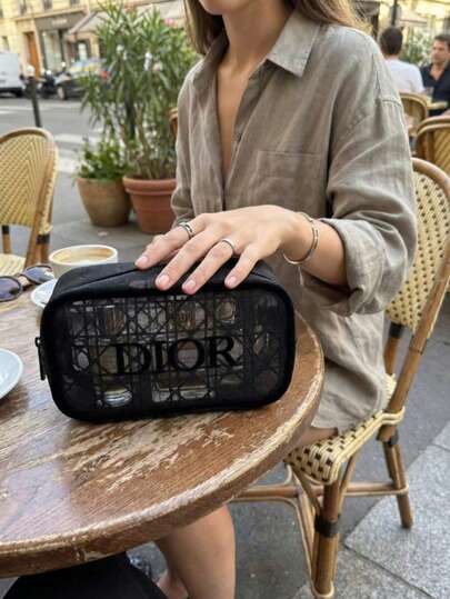 Dior 1个中号黑色网眼拉链收纳包 - 奢华简约风格，饰有单色Logo印花，长方形，多功能化妆包，适合旅行和日常使用