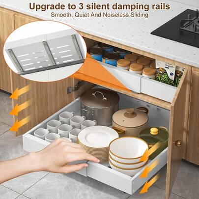 Pull-Out Expandable Cabinet Organizer Rack, Heavy-Duty Sliding Cabinet Organizer Shelf, 3 Quiet Slide Rails, No Drilling Required, Suitable For Kitchen Spice Storage, Tableware Storage, Bathroom Storage