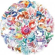 50 piezas Pegatinas de vida marina de acuarela, dibujos animados lindos, exquisitas y autoadhesivas para cuentas de mano, fundas de teléfono, pegatinas impermeables - Multicolor - Ver 7