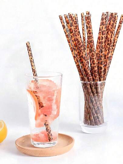 10/15/20pcs Reusable Leopard Print Plastic Straws, Creative Animal Print Drinking Straws, Suitable For Jungle Animal Themed Birthday Party, Animal Themed Birthday Party Favors, Back To School Supplies