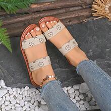 French Retro Printed Slide Sandals For Women, Double Strap Flat Design, Non-Slip Breathable Commuting & Holiday Popular Shoes - Beige - View 3