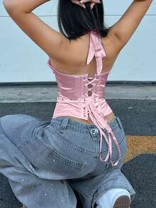 Apperloth A Satin Bustier Crop Top, Front Hook & Rear Tie-Up Backless Design, With Underwire For Shaping, Suitable For Women To Wear On Christmas And Thanksgiving Pink Summer - Pink - View 2
