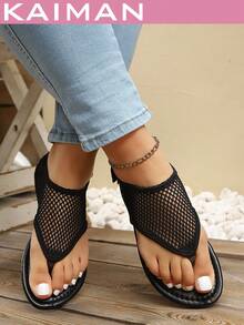 1 Pair Women's New Fashion Flat Sandals, Casual Beach Resort Fabric Hook And Loop Strap Flat Sandals, Summer - Black - View 6