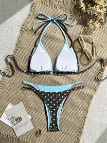 LUCKY HOLIDAY 2026 夏季新款极简撞色系带性感三角罩杯比基尼，女士情人节、海滩派对度假装扮 - 薄荷藍 - 查看 5