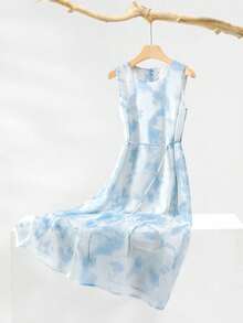女士休闲圆领通勤雪纺褶皱扎染印花宽松腰A字连衣裙，夏季 - 藍白色 - 查看 4