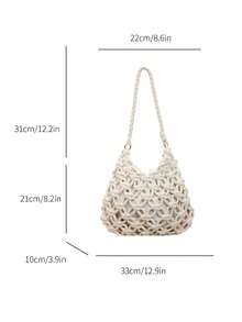 1件波西米亚风手工钩编单肩手提包，手工编织绳结沙滩包，镂空手提包，大容量女士度假手提包 - 米色 - 查看 3