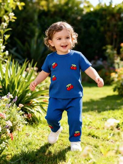 Adorable Baby Girls Summer Casual Clothes, Fashion Kids Simple Outfit - Cherry Decor Solid Color Striped Round Neck Short Sleeve T-Shirt And Cherry Decor Pants, 2pcs Set