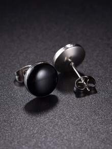 1 par de pendientes redondos de acero inoxidable negro, diseño versátil de moda para mujeres - Negro - Ver 4