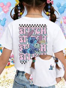 Disney DIS Lilo And Stitch Scrump Retro Groovy Checkerboard Printed Pattern T-Shirts For Girls - Children's Clothing Design Short-Sleeved Casual And Cute Style Comfortable And Casual Wear All Year Round Suitable For Parties And Play Machine Washable Gift Children's Clothing Girls' Short-Sleeved Shirts - 白色 - 查看 1