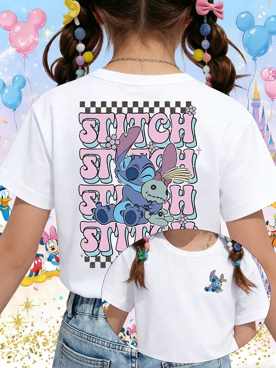 Disney DIS Lilo And Stitch Scrump Retro Groovy Checkerboard Printed Pattern T-Shirts For Girls - Children's Clothing Design Short-Sleeved Casual And Cute Style Comfortable And Casual Wear All Year Round Suitable For Parties And Play Machine Washable Gift Children's Clothing Girls' Short-Sleeved Shirts - 白色 - 查看 1