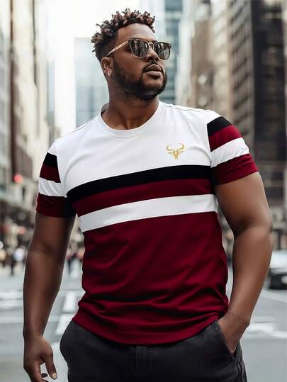 男士时尚3D印花条纹T恤 - 复古圆领短袖休闲上衣，100%涤纶，可机洗，四季皆宜，柔软套头设计 | 醒目的撞色设计 | 涤纶T恤