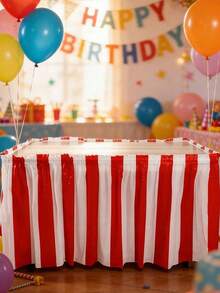 1 Set Red & White Striped Table Skirt, Circus Theme Party Table Skirt, Carnival Party Decor, Birthday Party Table Skirt, 168 Inch Carnival Theme Party Decoration Set, Carnival Table Skirt, Red & White Striped Tablecloth, Red & White Striped Pennant Flags, Circus Carnival Banner, Suitable For Carnival, Circus Decoration And Display - Multicolor - 查看 3