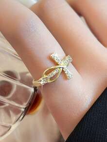 1 pieza Anillo sencillo ajustable con cruz y circonita cúbica glamorosa, para uso diario, bodas, compromisos, banquetes, regalo del Día de San Valentín para mujeres - Amarillo Oro - Ver 4