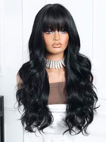 28英寸棕色波浪卷发合成假发，带刘海，耐热纤维，外观自然，适合日常佩戴、派对、上学、休闲、运动、学院风、万圣节、圣诞节礼物、送给女朋友的礼物 - 黑色 - 查看 6