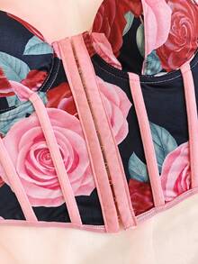 Adjustable Strap Rose Print Waist Cincher Top For Women - Pink - View 5