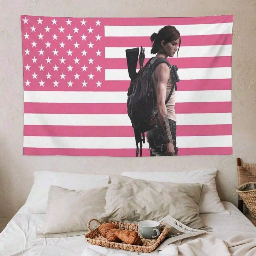 Ellie | Pink Flag | The Last Of Us Tapestry | Gaming Room Decor | Post-Apocalyptic Art | Ellie Merch - 1PC - View 1
