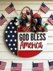 1pc Rustic 4th Of July God Bless America Door Sign, Patriotic Welcome Hanging Decor, Party Wreath With American Flag Ribbon Bow, Holiday Wall Decoration For Independence Day - Multicolor - View 1