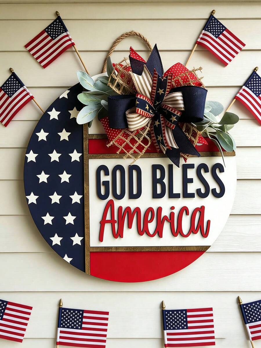 1pc Rustic 4th Of July God Bless America Door Sign, Patriotic Welcome Hanging Decor, Party Wreath With American Flag Ribbon Bow, Holiday Wall Decoration For Independence Day - Multicolor - View 1