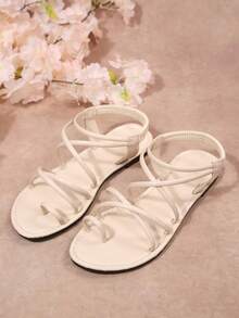 New Versatile Criss-Cross Strap Flat Sandals, Summer Roman Style Slip-On Sandals, Gentle Goddess Vibe - Beige - View 3