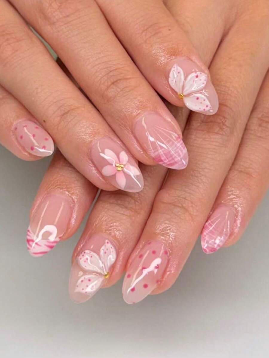 24片椭圆形3D凝胶美甲贴纸，包含花卉和波点图案，附赠1瓶果冻凝胶和1个指甲锉，简易法式美甲套装，适合女性和女孩，日常及派对皆宜。 - 彩色 - 查看 1