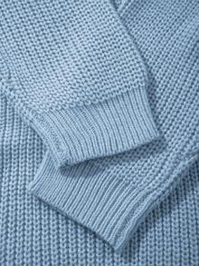 Women's Simple Ribbed Solid Color Casual Korean Textured Commute Loose Versatile Stand Collar Zipper Half-Placket Pullover Long Sleeve Sweater, Spring/Autumn/Winter - Baby Blue - View 9