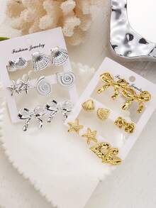 女士厚金几何纹理耳环套装，时尚简约海洋风耳钉，夏季海滩度假礼物，配饰 - 彩色 - 查看 12