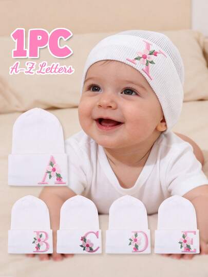 1PC Soft Stretchy Knit Cotton Baby Beanie Hat With Letter E & Flower Embroidery Warm For Newborn Infant Daily Wear & Hospital Use