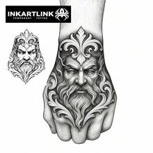 INKARTLINK 2张海洋之王肖像装饰性防水临时纹身贴纸，持久1-2周，植物和果汁灵感设计，男女皆宜，派对必备 - 黑色 - 查看 2
