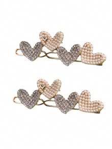1/2pcs Pearl & Rhinestone Heart Decor Side Clip, Elegant Frog Clip Hair Accessories For Women,Hair Clip,Party - Gold - View 3