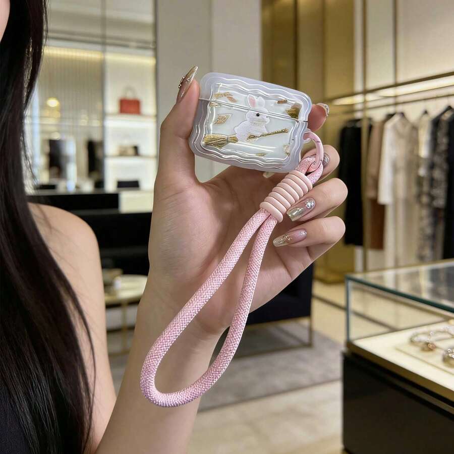 Bunnies Cute & Healing Bunny Transparent Wavy Frame Earphone Case + Silicone Cover Lanyard Compatible With Apple 1/2, Pro, 3, Pro 2, 4, Pro 3 Bluetooth Earphone Charging Case Protection - Multicolor - View 1