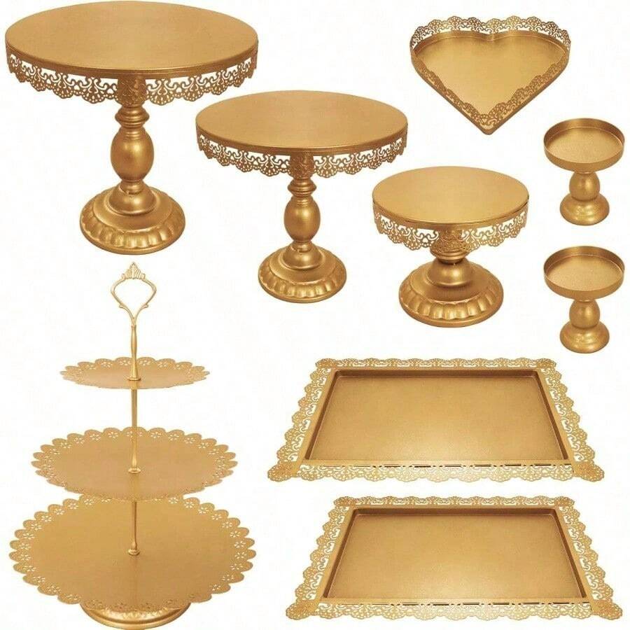 Set Of 9 Cake Stands Metal Cupcake Stand Set Multiple Styles Candy Fruit Display Tower Dessert Plate Cake Serving Tray Birthday Party Wedding Anniversary Shower Engagement Gold - 金色 - 查看 1