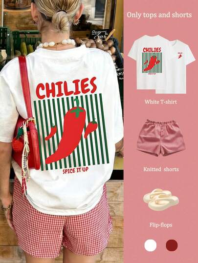 Áo thun ngắn tay cổ tròn in hình ớt và chữ, kiểu dáng mùa hè mới, thời trang và đa năng dành cho nữ.