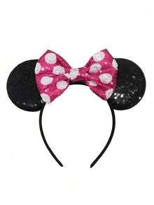 Disney, 1pc Sparkling Mickey And Minnie Polka Dot Bow Headband, Elegant Minnie Sequin Ear Headband-Perfect For Girls' Birthday Parties, Costume Play, And Theme Park Outings, Making It The Ideal Choice For Any Party Outfit. This Cartoon Minnie Mouse Ear Headband Is Also Suitable For Couples To Wear Together, And Makes The Perfect Accessory For Princess Role-Playing And Birthday Celebrations (Hair Accessories, Headbands, Women's Headbands). - Multicolor - View 2