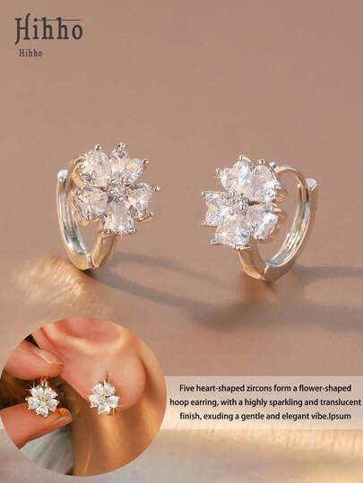 Hihho 1 par de elegantes y exquisitos pendientes de aro con flor de durazno y circonita brillante, joyas elegantes para mujer, para uso diario, festivales, fiestas, regalo para amigos
