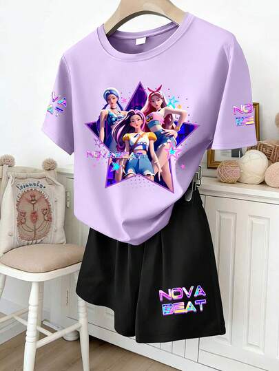 2pcs/Set Tween Girl's Casual Y2K Style Fashion K-POP Short Sleeve T-Shirt And Leggings Set, Suitable For Spring/Summer, Back To School, Outdoor/Home/Travel Outfit