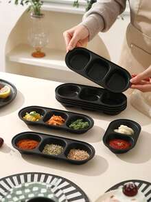 Bộ 2/4/8 bát đựng gia vị chia ngăn màu đen, đĩa khai vị hình bầu dục chia ngăn, có thể tái sử dụng, an toàn với máy rửa chén, thích hợp đựng nước tương, gia vị, đồ ăn nhẹ, dùng trong tiệc tùng, nhà bếp, sushi, món tráng miệng, đồ nướng BBQ. - Nhiều màu - Xem 1