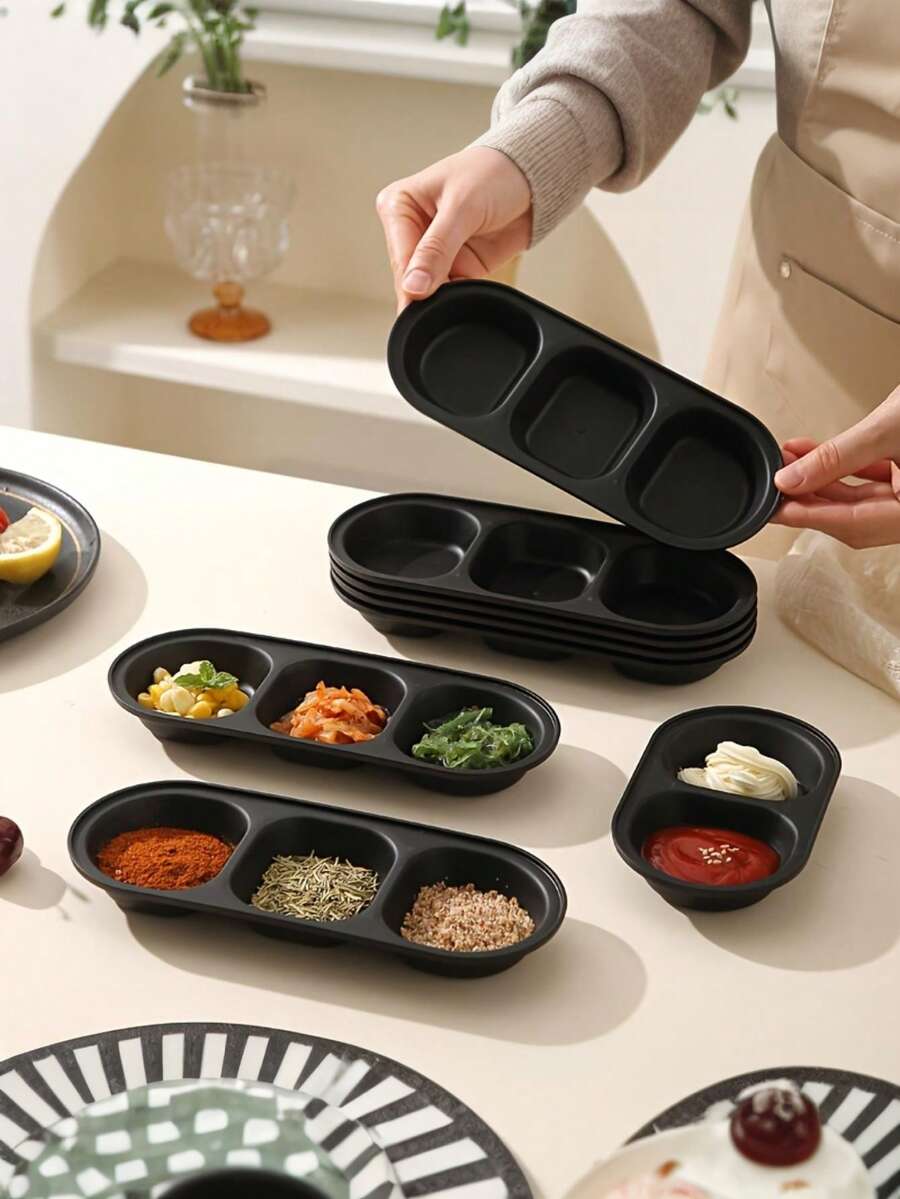 Bộ 2/4/8 bát đựng gia vị chia ngăn màu đen, đĩa khai vị hình bầu dục chia ngăn, có thể tái sử dụng, an toàn với máy rửa chén, thích hợp đựng nước tương, gia vị, đồ ăn nhẹ, dùng trong tiệc tùng, nhà bếp, sushi, món tráng miệng, đồ nướng BBQ. - Nhiều màu - Xem 1