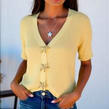 Áo khoác cardigan dệt kim cổ chữ V màu sắc tươi sáng dành cho nữ, tay ngắn, có cúc hình sao biển, chất liệu cao cấp, thích hợp làm quà tặng Ngày của Mẹ. - Màu vàng - Xem 8