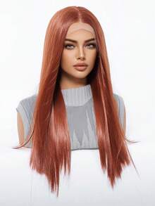 Tóc giả dài thẳng màu đỏ đồng 22 inch, đường chân tóc tự nhiên, tóc giả tổng hợp màu nâu đỏ, chịu nhiệt, sợi chịu nhiệt cao, thích hợp cho nữ mặc hàng ngày, dự tiệc, cosplay, tóc giả dài thẳng trông tự nhiên với mũ đội tóc giả thoáng khí. - Màu Cam cháy - Xem 3