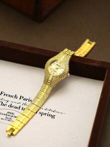 1pc Gold Women's Quartz Watch Fashionable Retro Exquisite Arabic Numeral Scale Suitable For Daily Matching Gifts - Gold - View 4