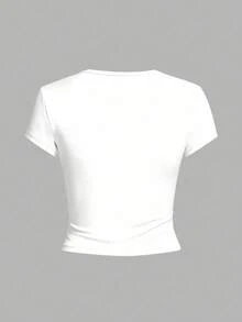 Áo thun ngắn tay in họa tiết mùa hè dành cho nữ, áo croptop màu trắng, trang phục thời trang mới. - trắng - Xem 3