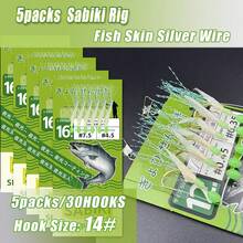 5bag/30hooks Real Fish Skin & Flashabou Sabiki Rig, Freshwater & Saltwater Professional Fishing Rig, Natural Fish Skin Wrapped With Colorful Reflective Threads, Suitable For Mackerel, Cod, Sardine, Large-Eye Croaker Bait, Bionic Rigged Hooks, Fishing And Accessories - White - View 5