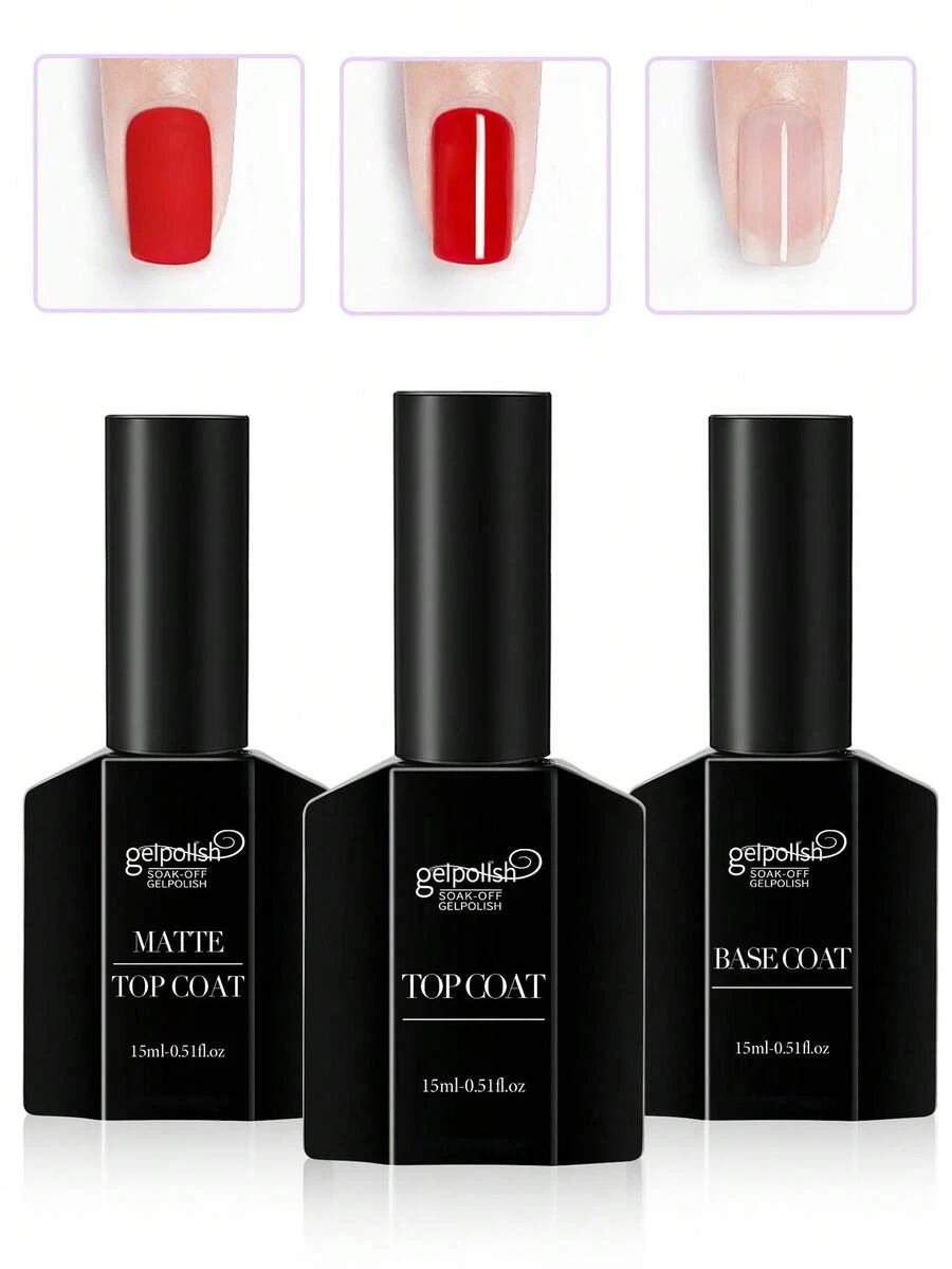 GELPOLISH 3pcs/Set 15ml Spring & Summer Base Coat, Glossy Top Coat And Matte Top Coat Nail Polish Set, Long-Lasting Shine, No Wipe Top Coat, Suitable For LED Lamp Curing, DIY Nail Art Design, Valentine's Day Gift For Her - 無色 - 查看 1
