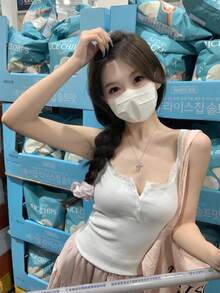Spring/Summer Sexy Lace Patchwork Button Gentle Innerwear Lightweight Slightly Sheer Sweet Girl Camisole Casual White - White - View 6