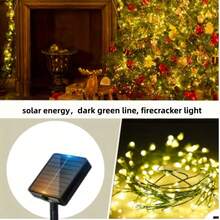 1 Set de Luces de Cadena Alimentadas por Energía Solar con Decoración de Fuegos Artificiales, Adecuado para Decoración Exterior, Día de San Valentín y Navidad, 100/200/300 Luces LED para Césped, Jardín, Ventana, Cerca, Árbol de Navidad - Línea verde oscura alimentada por energía solar - Ver 3