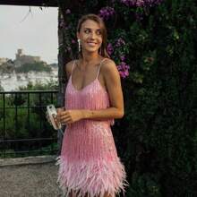 Women's Evening Cocktail Dress: Fringe, Feather & Sequin Embellishments - Sexy V-Neck Spaghetti Strap Sundress - 香檳色 - 查看 4