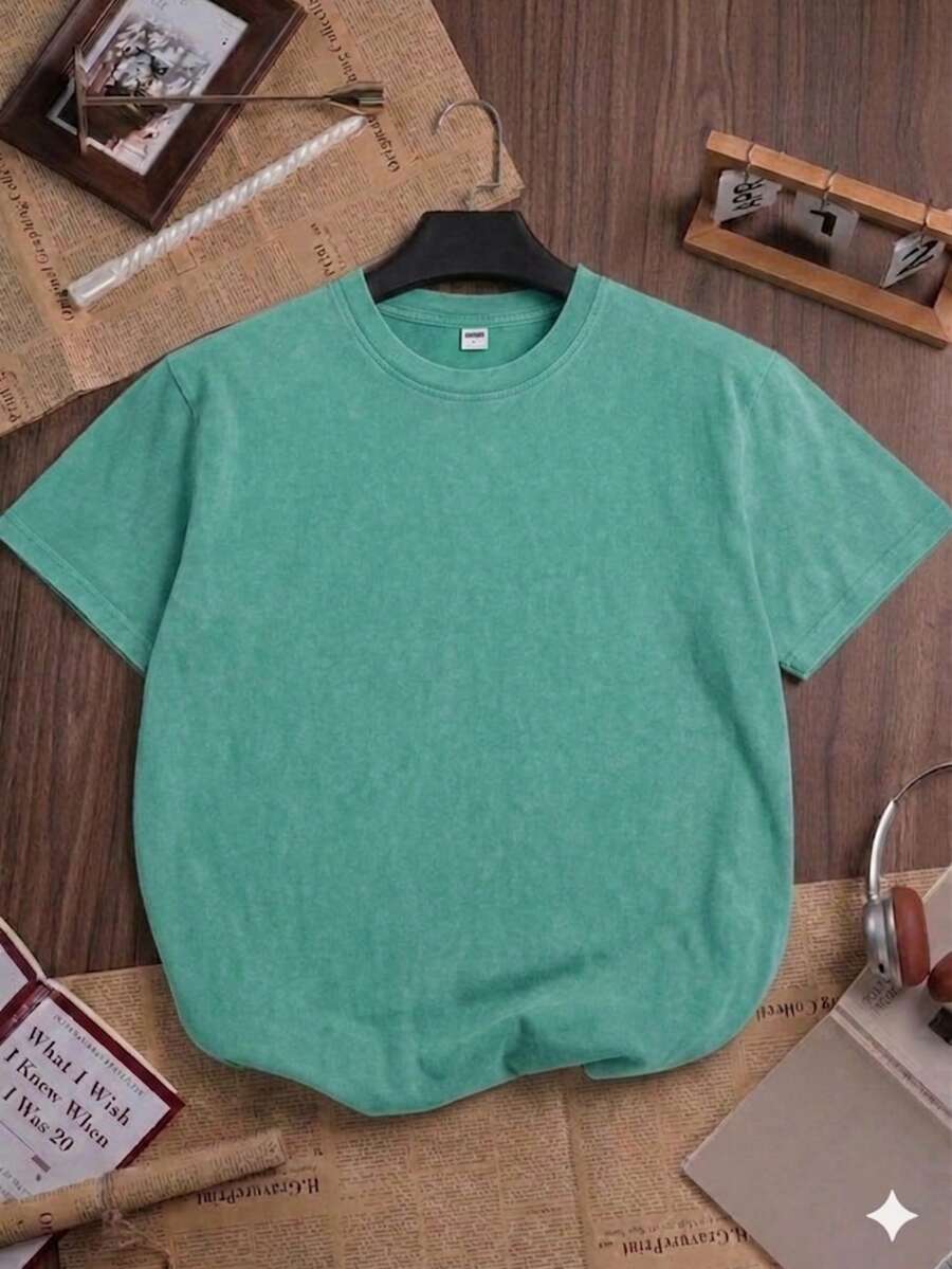 Oversized Washed Gray Short Sleeve Tee, Loose Fit Vintage Streetwear Style, Basic Summer - Green - View 1