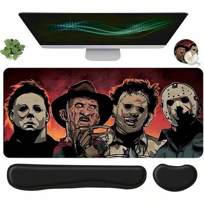 Bộ 4 tấm lót chuột chơi game cỡ lớn thiết kế nhân vật phản diện phim kinh dị, bao gồm kê cổ tay bàn phím, kê cổ tay chuột công thái học và đế lót ly, thảm trải bàn máy tính cỡ lớn có hỗ trợ cổ tay, lý tưởng cho văn phòng tại nhà, chơi game và trang trí bàn làm việc.