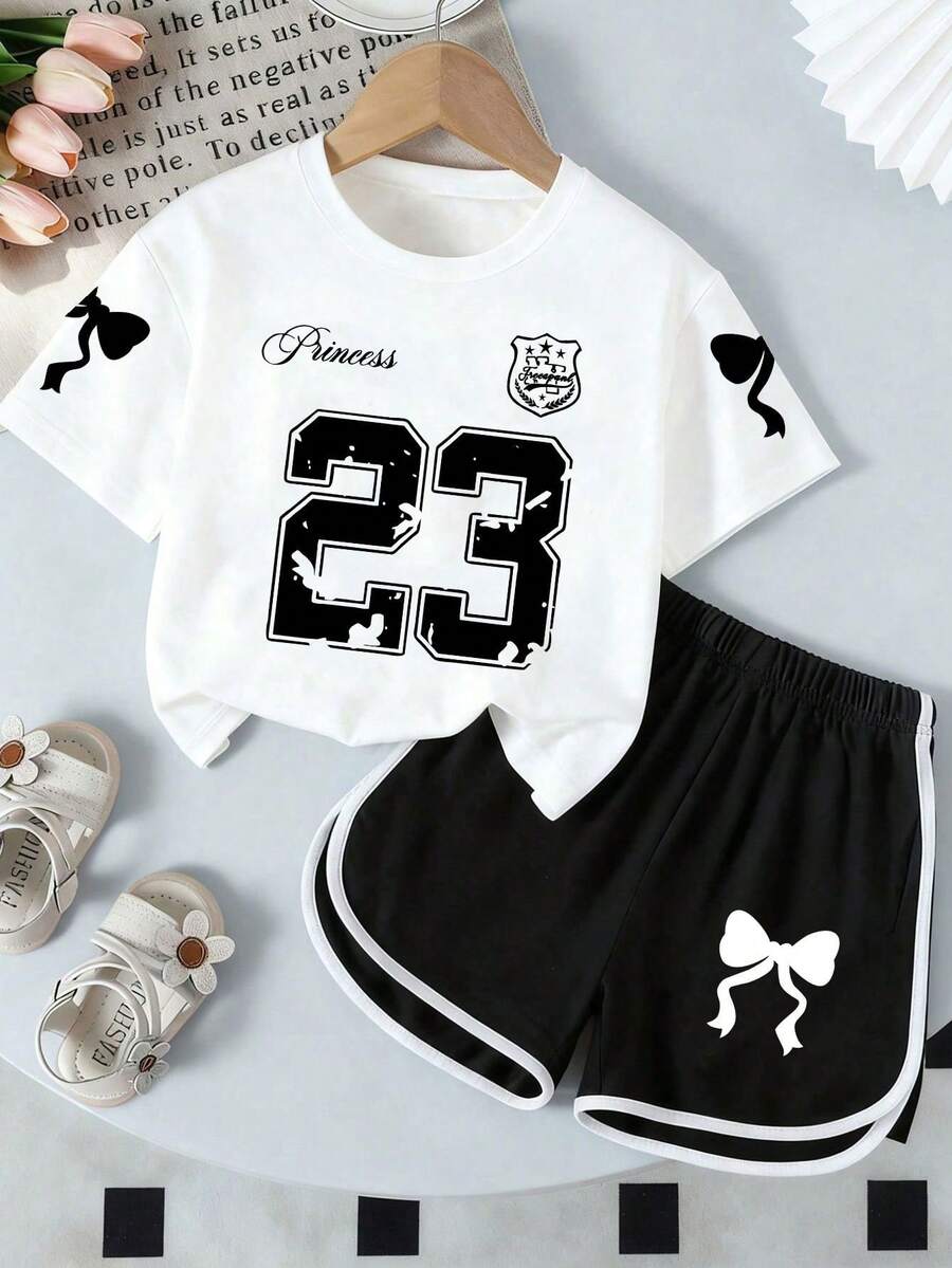 2pcs/Set Summer Girls Casual T-Shirt And Shorts, Minimalist Digit 23 Print Short Sleeve, Loose Breathable Comfortable, Fresh And Versatile Summer Outfit - White - View 1