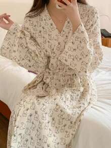 Lightweight Spring/Summer Robe/Sleepwear, Rabbit Print Sheer Robe/Kimono, Minimalist European Style, Long Sleeve, V-Neck, With Pockets, Comfortable Women's Loungewear Robe, Suitable For Spring, Summer, Autumn, Home, Bathroom, Best Birthday Gift For Daughter/Family - As Show - View 17